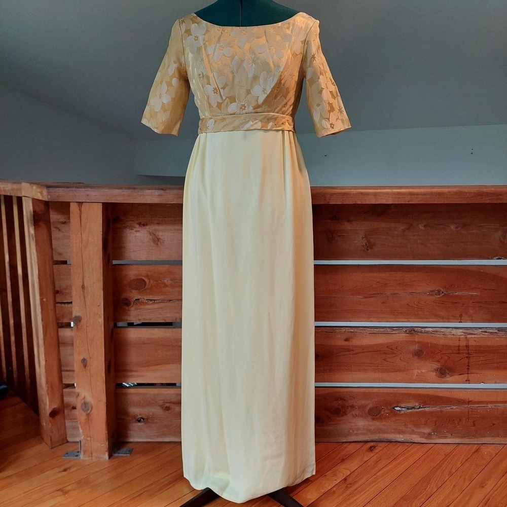Vintage 60s Floral Empire Waist Maxi Dress Yellow Brocade Bow Detail